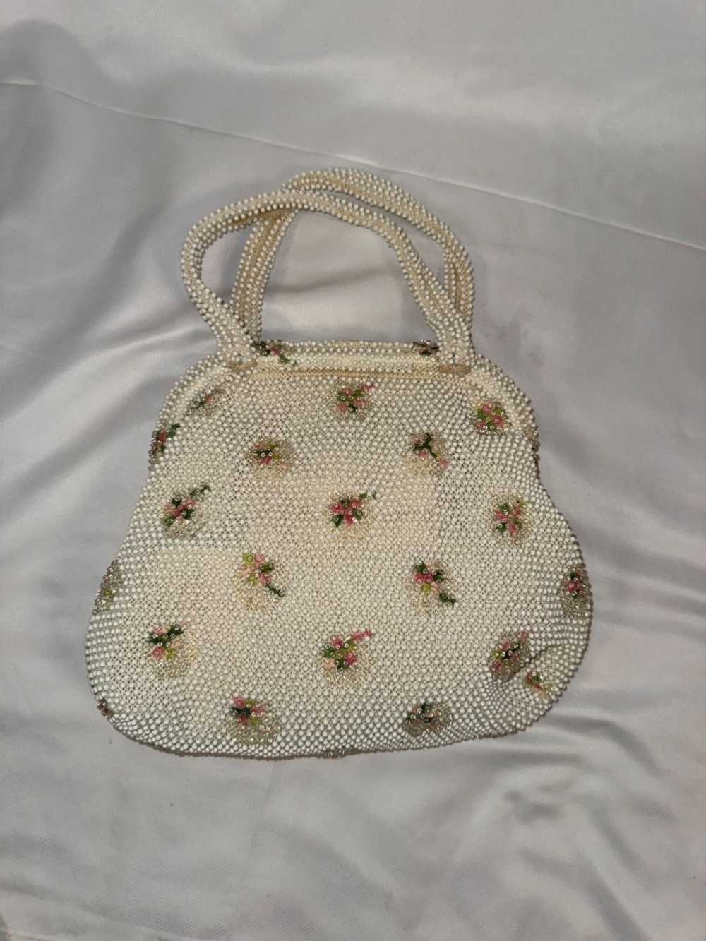 Vintage Corde Bead White Floral Micro Beaded Bridal Evening Handbag Purse